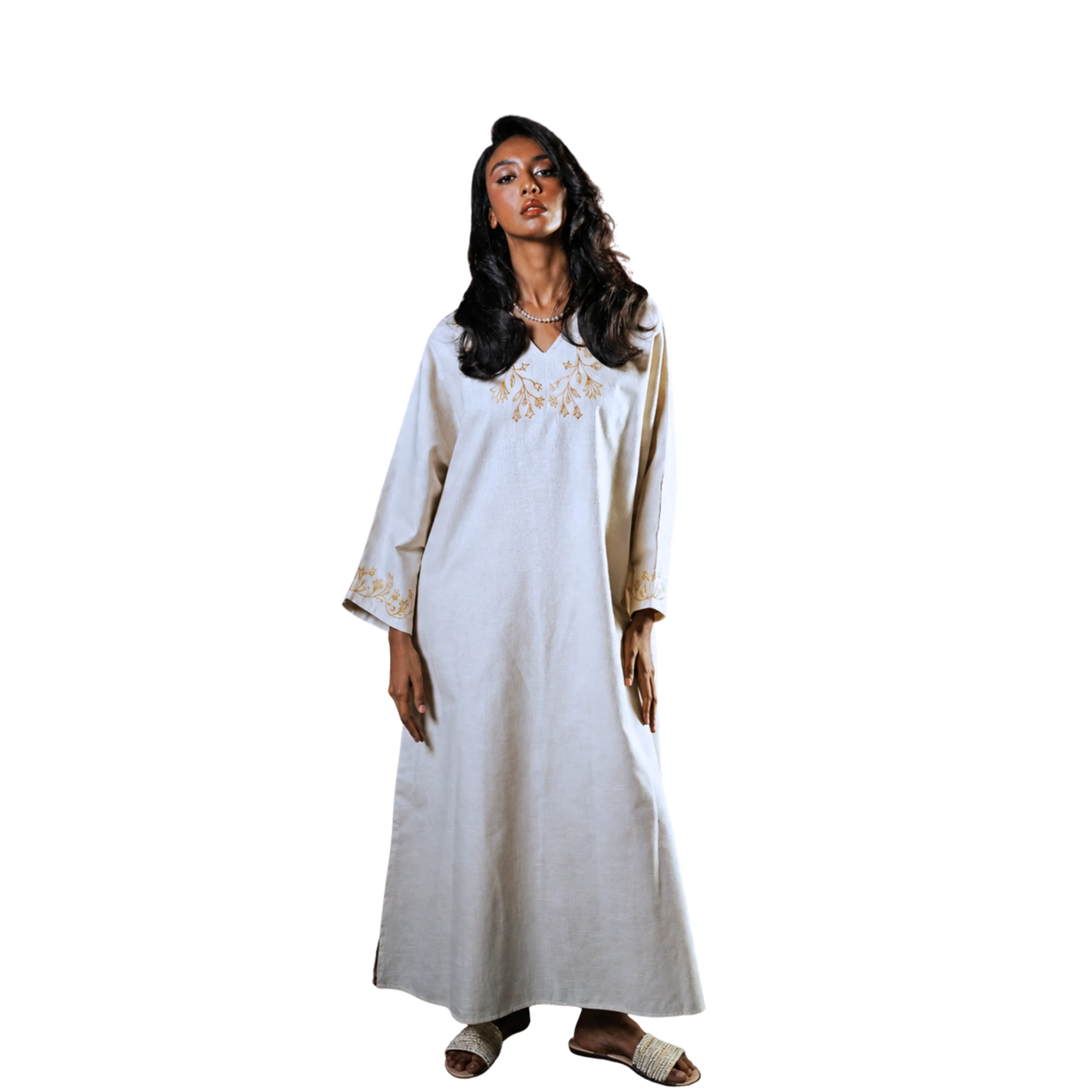 Long sleeve lotus dress in white