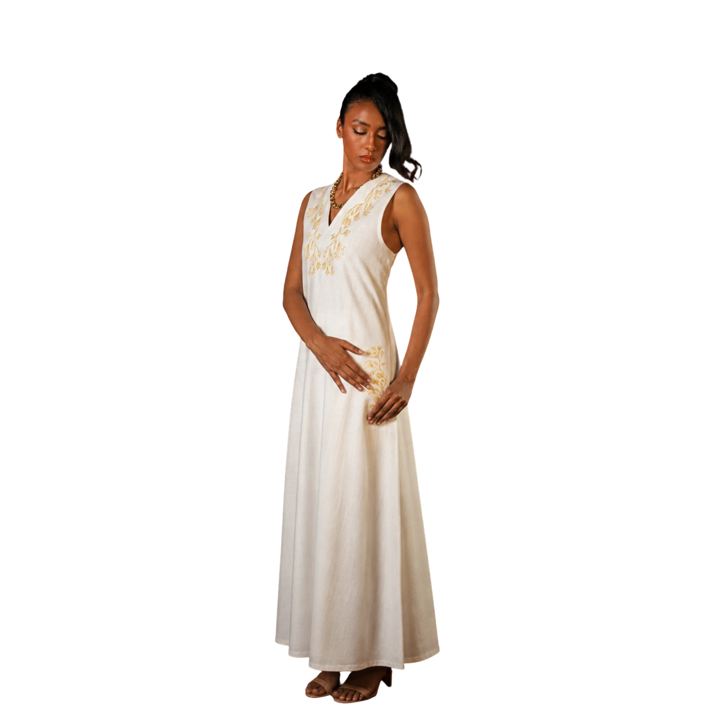 Sleeveless lotus dress in White