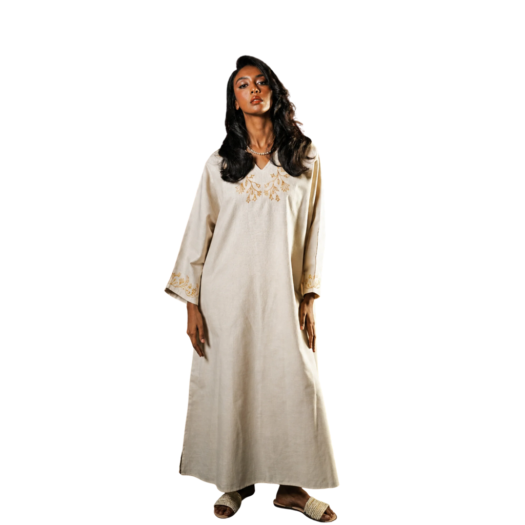 Long sleeve lotus dress in Beige