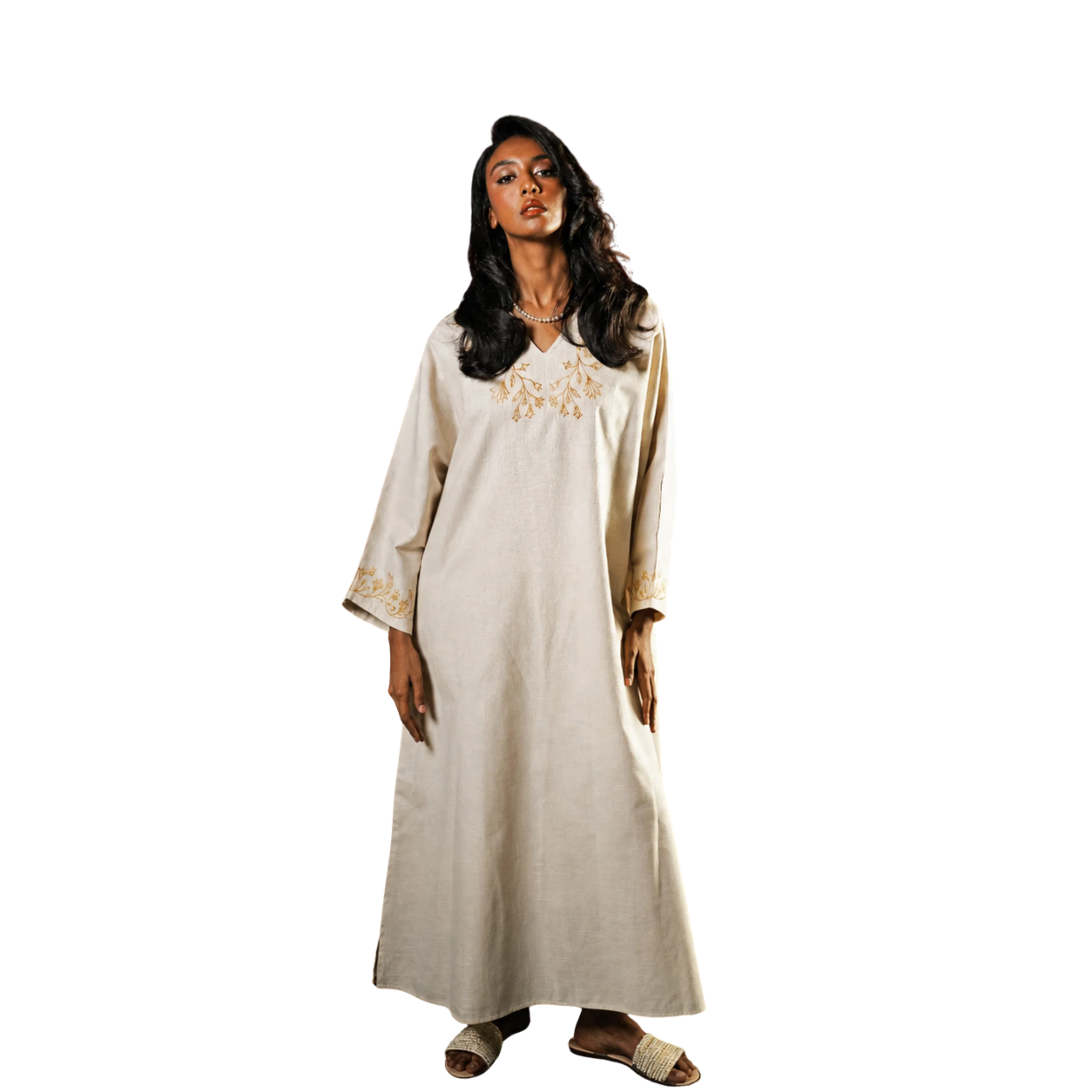 Long sleeve lotus dress in Beige